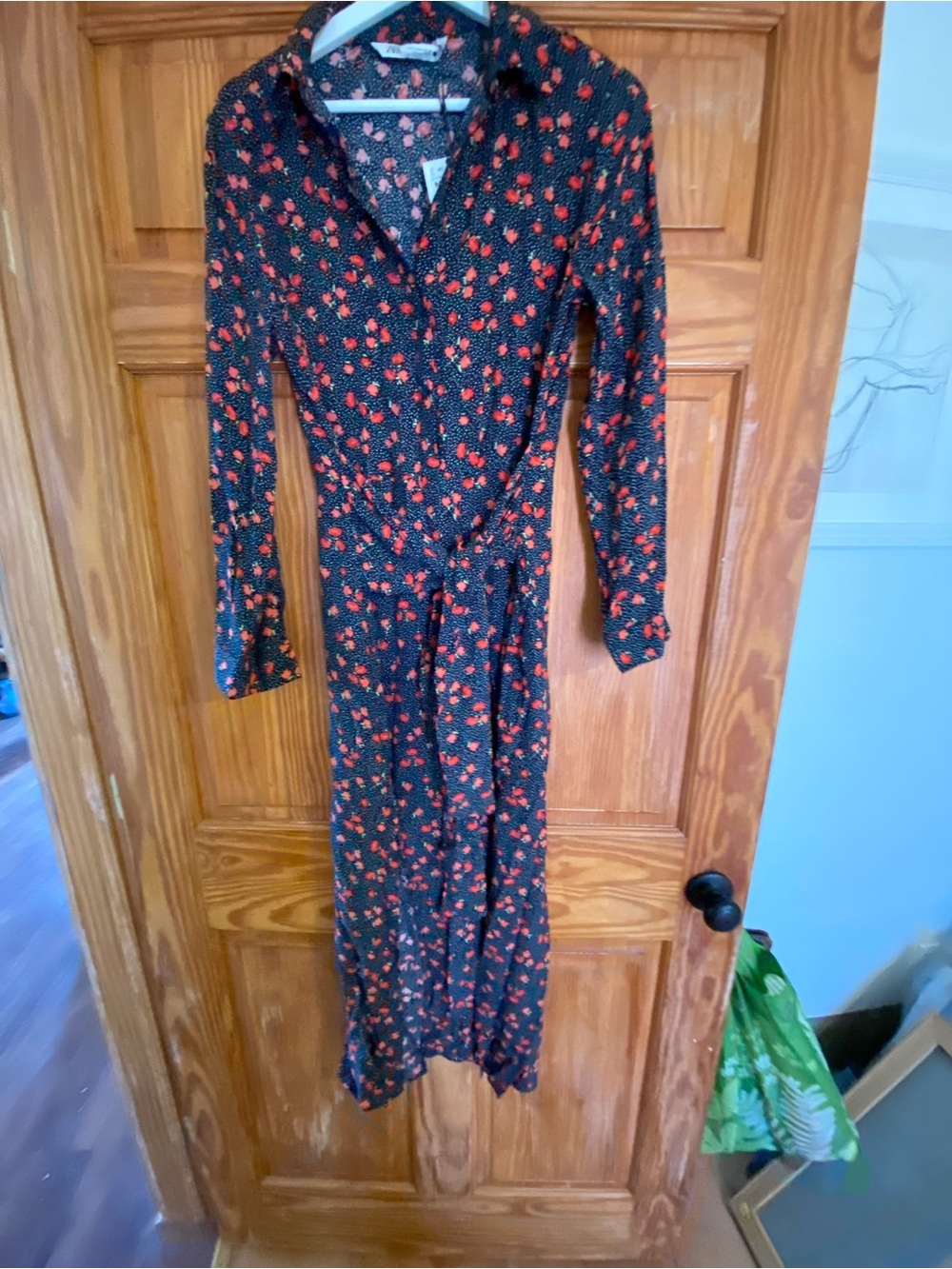 Zara Black Long Sleeve Wrap Dress with Red Floral Print